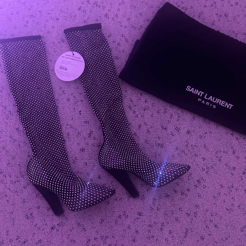 YSL - Saint Laurent Crystal Embellished Mesh Boots Size 37
